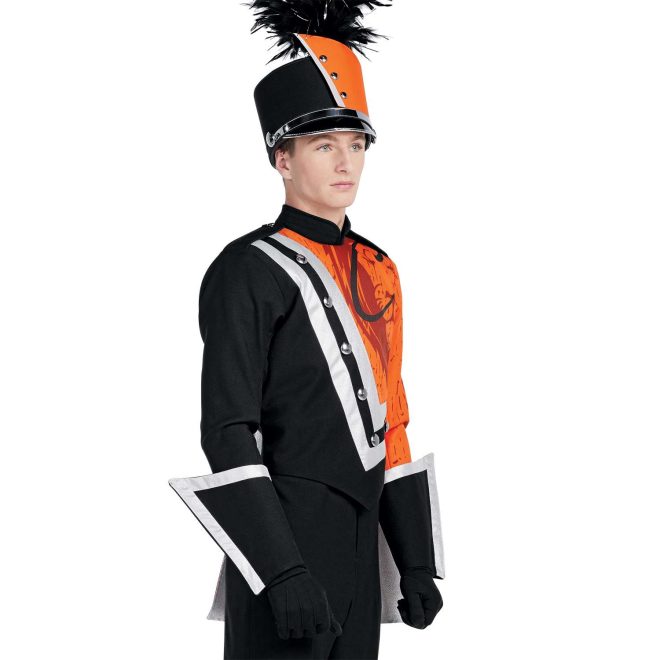 Custom orange and black marching band uniform. Side view with orange shoulder cape, black gloves and pants, black with silver trim gauntlets, and orange shako with black trim and plume