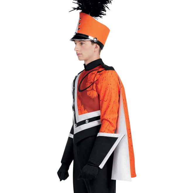 Custom orange and black marching band uniform. Side view with orange shoulder cape, black gloves and pants, black with silver trim gauntlets, and orange shako with black trim and plume