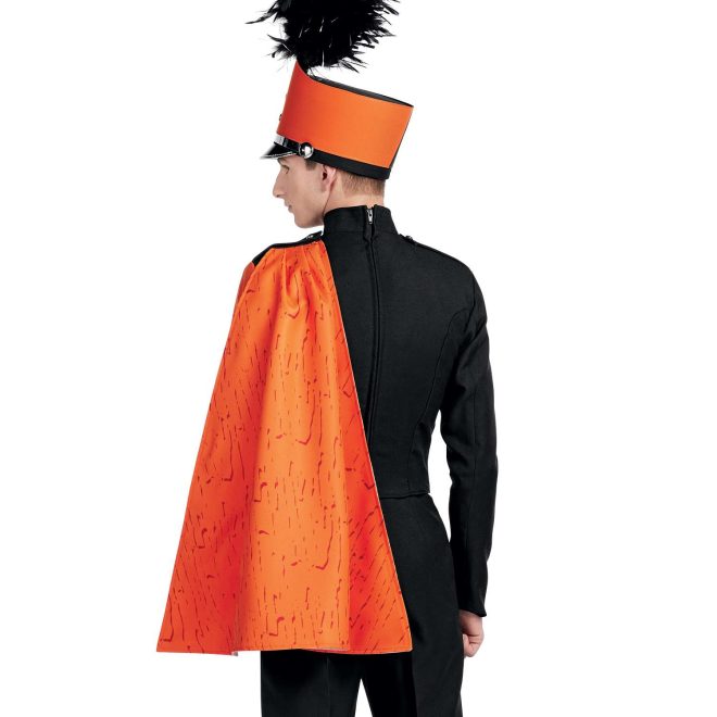 Custom black marching band uniform. Back view with orange shoulder cape and orange shako with black trim and plume