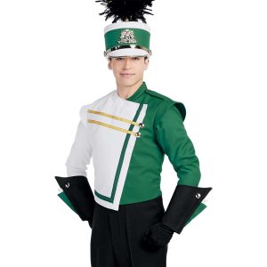 Custom kelly and white with gold details marching band uniform. Front view with matching shako, black with white and kelly gauntlets, and black gloves and pants