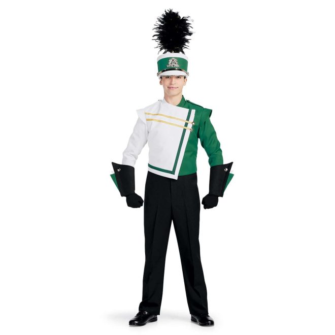 Custom kelly and white with gold details marching band uniform. Front view with matching shako, black with white and kelly gauntlets, and black gloves and pants