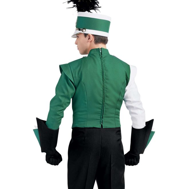 Custom kelly and white with gold details marching band uniform. Back view with matching shako, black with white and kelly gauntlets, and black gloves and pants