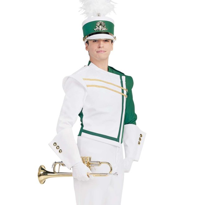Custom kelly and white with gold details marching band uniform. Front view with matching shako, and white gloves, gauntlets, and pants
