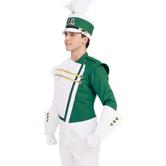 Custom kelly and white with gold details marching band uniform. Front view with matching shako, and white gloves, gauntlets, and pants