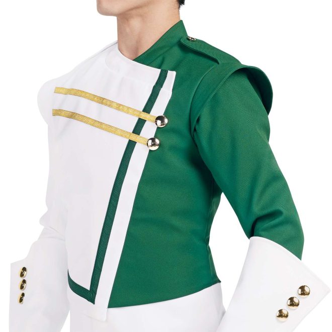 Custom kelly and white with gold details marching band uniform. Front view close up with white gauntlets and pants