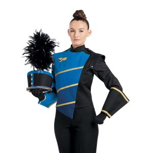 Custom black and royal with gold accents marching band uniform. Front view with black gloves and pants, and one black with gold trim gauntlet, one royal with gold trim gauntlet, and matching shako