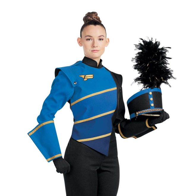 Custom black and royal with gold accents marching band uniform. Front view with black gloves and pants, and one black with gold trim gauntlet, one royal with gold trim gauntlet, and matching shako