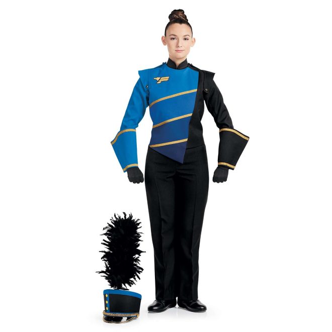 Custom black and royal with gold accents marching band uniform. Front view with black gloves and pants, and one black with gold trim gauntlet, one royal with gold trim gauntlet, and matching shako