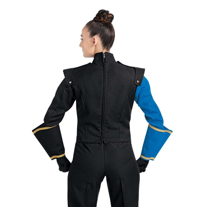 Custom black and royal with gold accents marching band uniform. Back view with black gloves and pants, and one black with gold trim gauntlet, and one royal with gold trim gauntlet