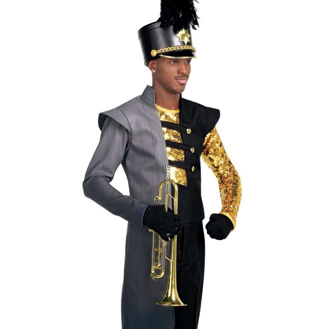 Custom black and grey marching band jacket with front cutouts over custom gold sequin one sleeve marching band uniform undershirt with black pants, gloves and black shako front view