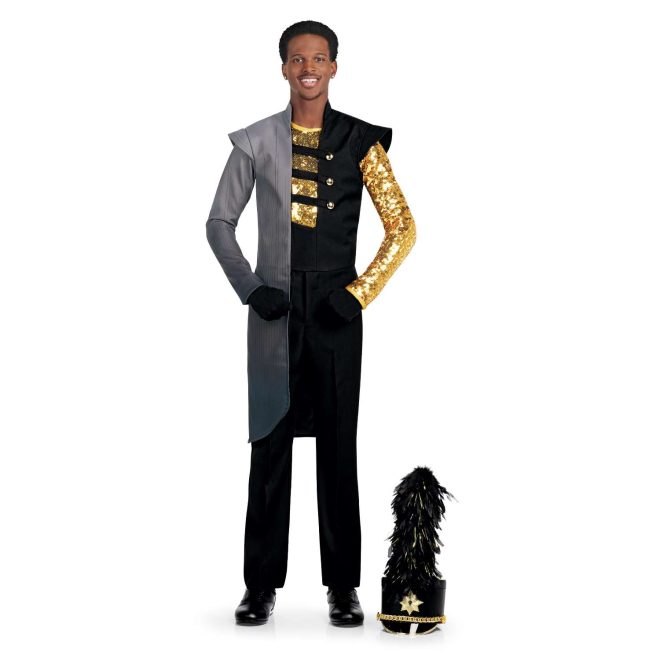 Custom black and grey marching band jacket with front cutouts over custom gold sequin one sleeve marching band uniform undershirt with black pants, gloves and black shako front view