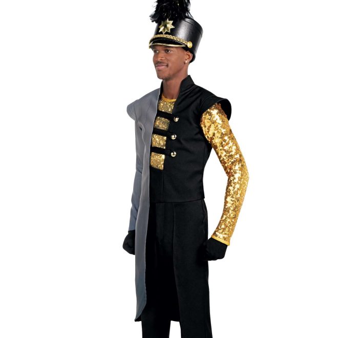 Custom black and grey marching band jacket with front cutouts over custom gold sequin one sleeve marching band uniform undershirt with black pants, gloves and black shako front view