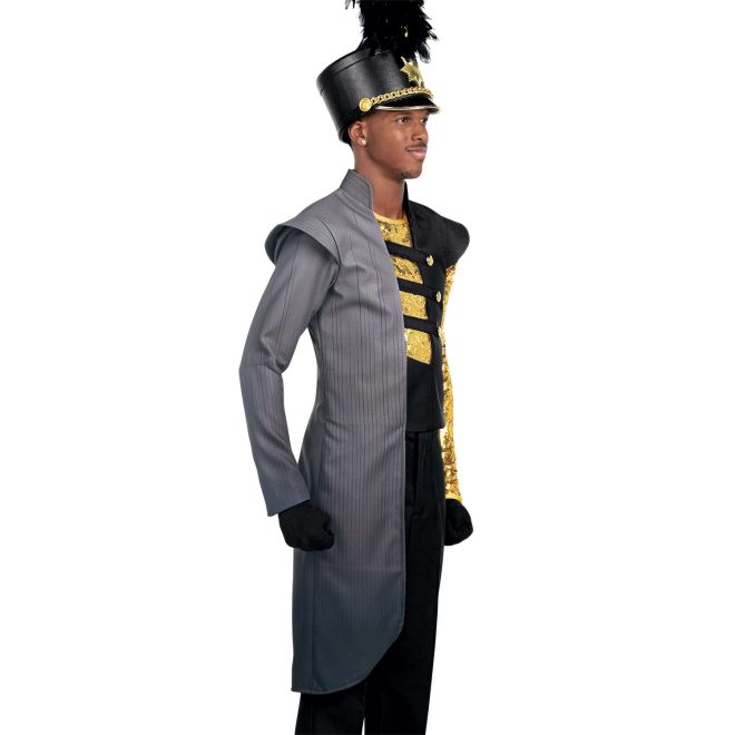 Custom black and grey marching band jacket with front cutouts over custom gold sequin one sleeve marching band uniform undershirt with black pants, gloves and black shako front view