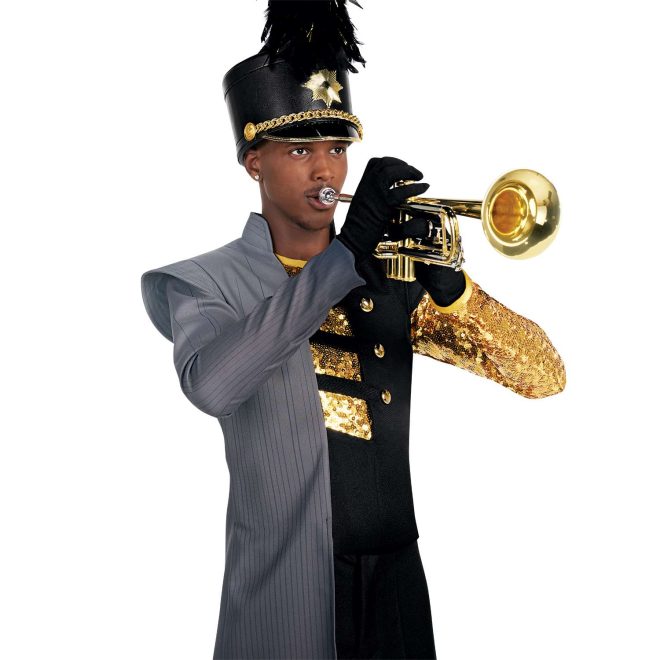 Custom black and grey marching band jacket with front cutouts over custom gold sequin one sleeve marching band uniform undershirt with black pants, gloves and black shako front view