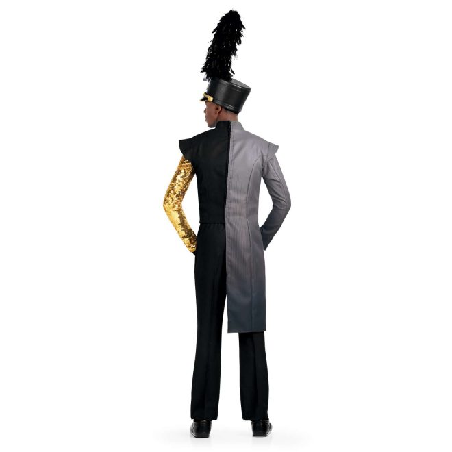 Custom black and grey marching band jacket over custom gold sequin one sleeve marching band uniform undershirt with black pants and black shako back view