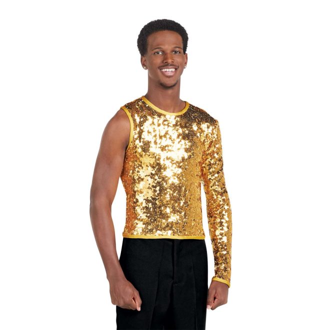 Custom gold sequin one sleeve marching band uniform undershirt with black pants front view