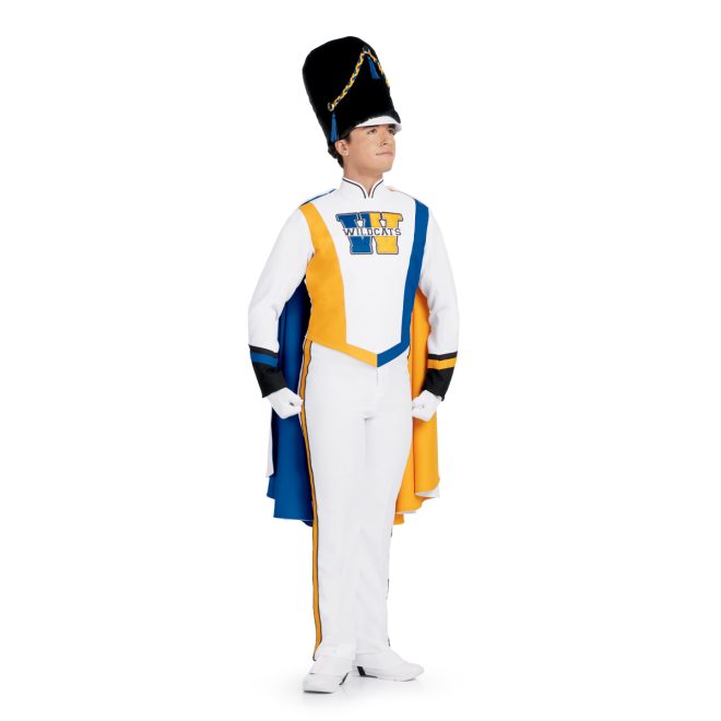 model wearing custom marching band jacket 209286 with stripe bibbers