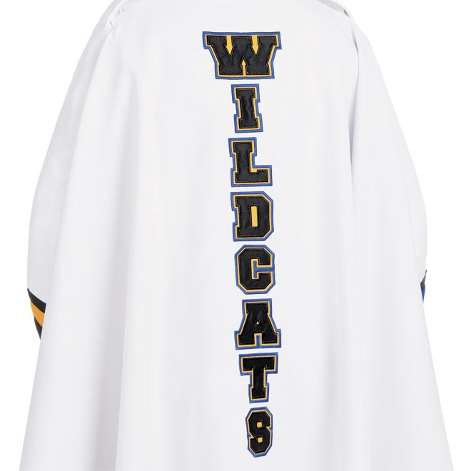 detail of custom marching band cape that reads wildcats