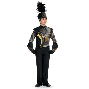 full length view of digitally printed marching band jacket 209289 with model in black bibbers