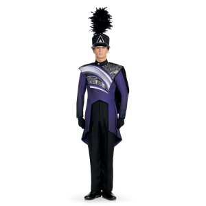 Custom purple, black and white with silver and black sequin marching band jacket front view with tails front view with black shako
