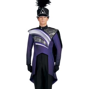 Custom purple, black and white with silver and black sequin marching band jacket front view with tails front view with black shako