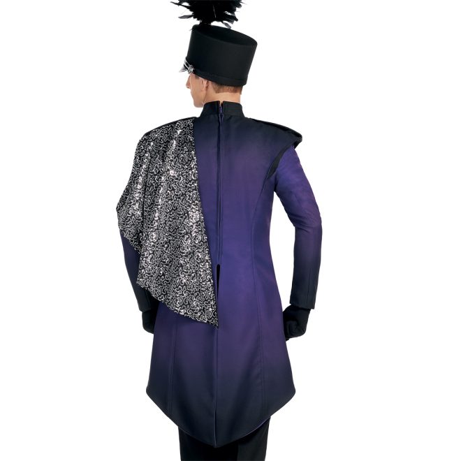 Custom purple, black and white with silver and black sequin marching band jacket front view with tails and black and silver sequin shoulder drop back view