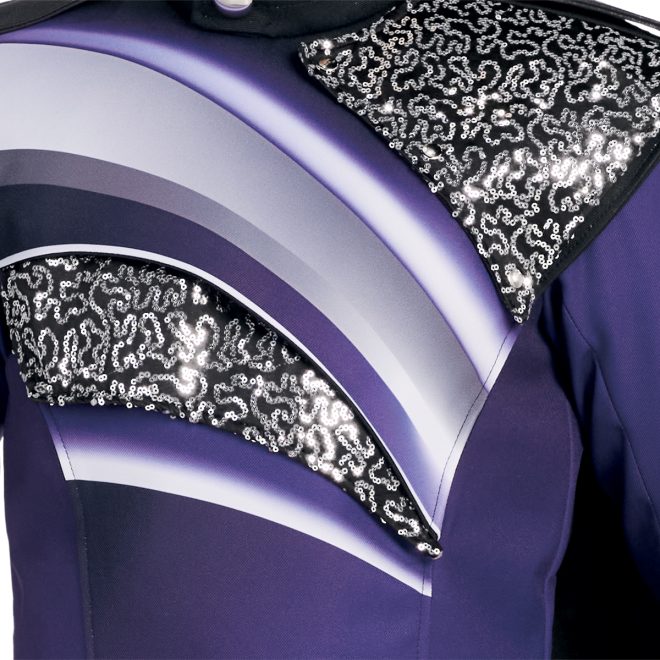 Custom purple, black and white with silver and black sequin marching band jacket front view with tails front view