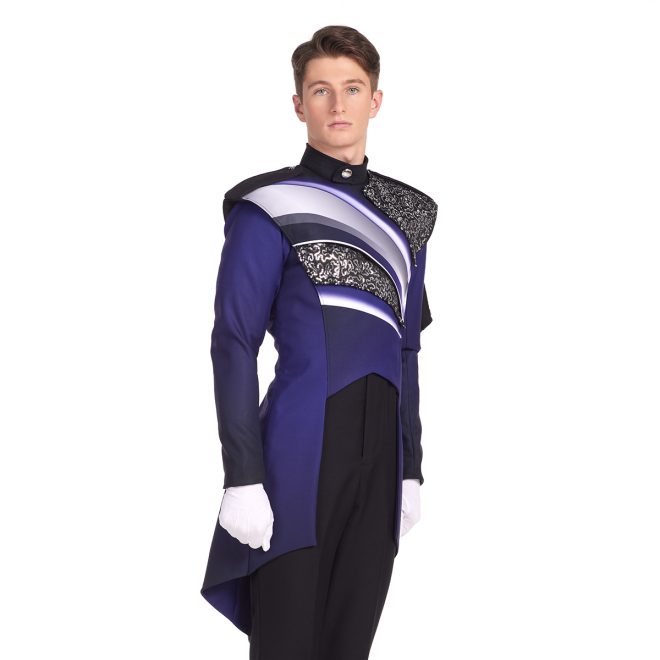 Custom purple, black and white with silver and black sequin marching band jacket front view with tails front view