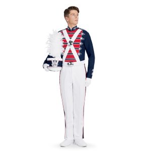 Navy, red and white custom marching band jacket with white crisscross straps over chest. Front view with matching shako and white pants with navy stripe down side with red trim