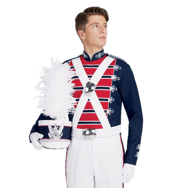 Navy, red and white custom marching band jacket with white crisscross straps over chest. Front view with matching shako and white pants with navy stripe down side with red trim