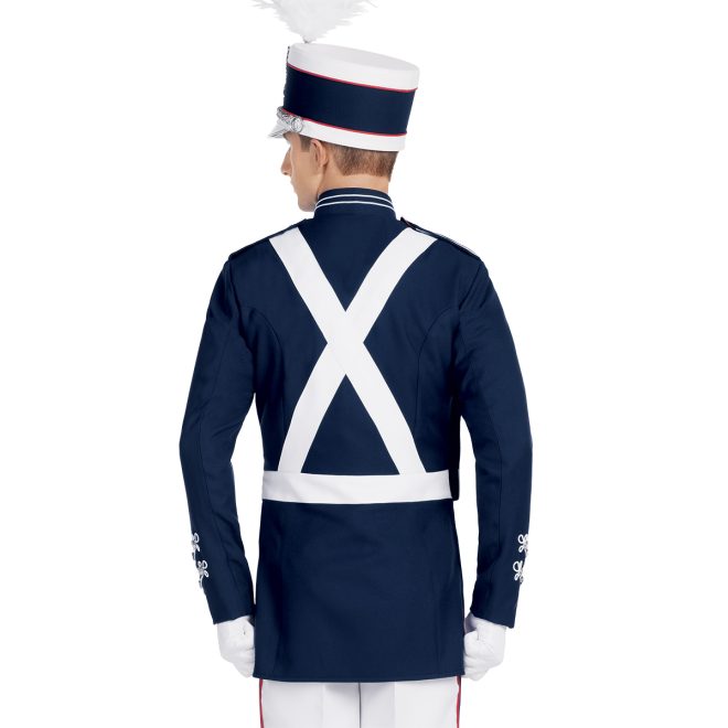 Navy, red and white custom marching band jacket with white crisscross straps over back. Back view with matching shako and white pants with navy stripe down side with red trim