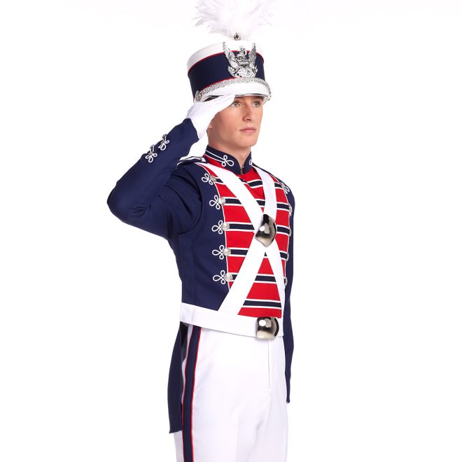 Navy, red and white custom marching band jacket with white crisscross straps over chest. Front view with matching shako and white pants with navy stripe down side with red trim