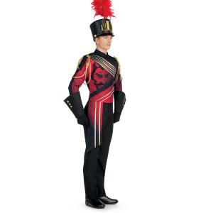 Custom red and black with mascot marching band jacket front view with black gauntlets and shako