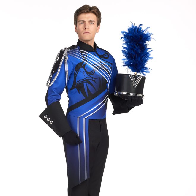 Custom royal and black with mascot marching band jacket. With black gauntlets and black shako front view