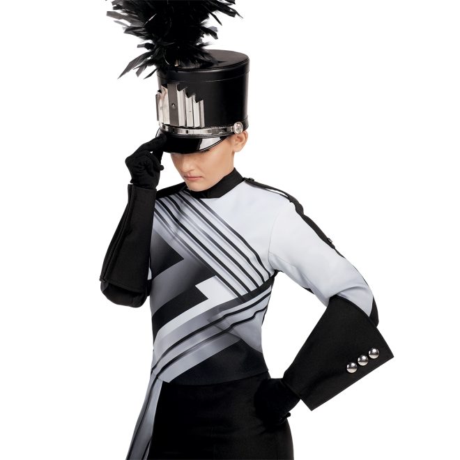 Custom white and black patterned marching band jacket with black gauntlets, pants, and shako front view