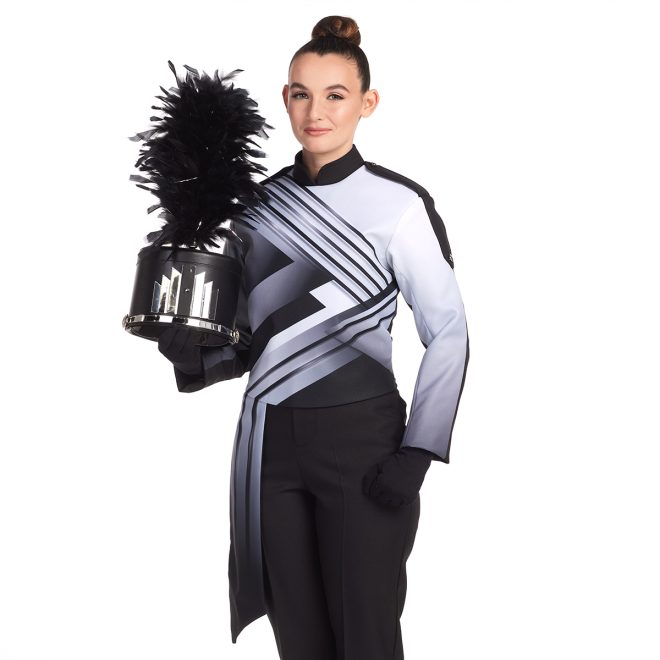 Custom white and black patterned marching band jacket with black gauntlets, pants, and shako front view