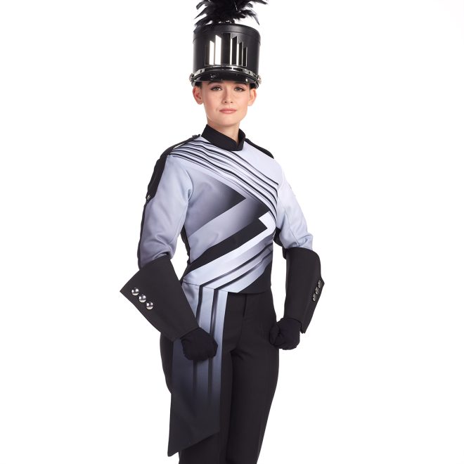 Custom white and black patterned marching band jacket with black gauntlets, pants, and shako front view