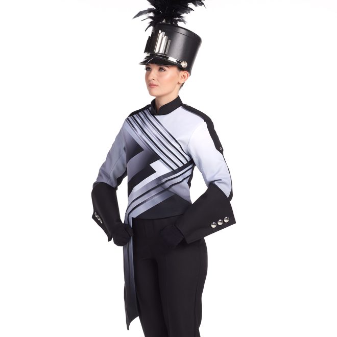 Custom white and black patterned marching band jacket with black gauntlets, pants, and shako front view