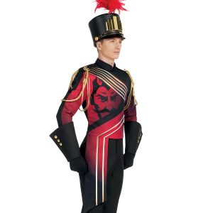 Custom red and black with mascot marching band jacket front view with black gauntlets and shako