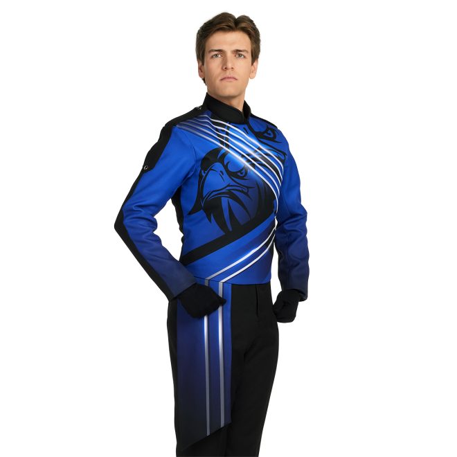 Custom royal and black with mascot marching band jacket front view