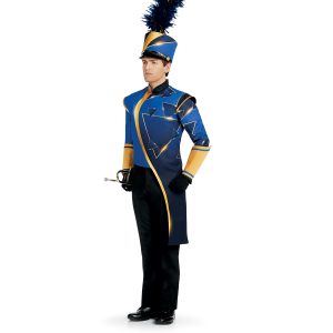 Custom marching band jacket. Half royal and half royal ombre with gold triangles jacket with gold detailing. Black pants front view with matching shako holding instrument