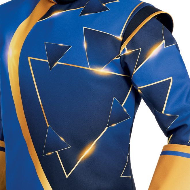 Custom marching band jacket. Half royal and half royal ombre with gold triangles jacket with gold detailing. Black pants front view