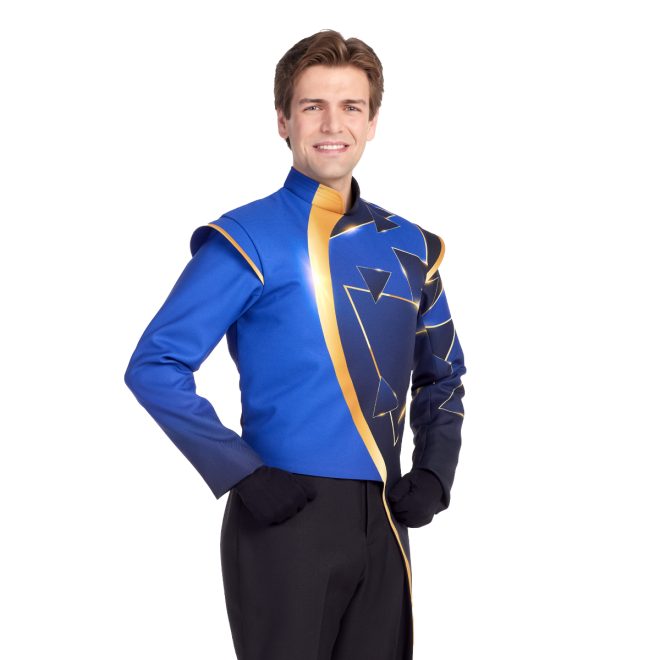 Custom marching band jacket. Half royal and half royal ombre with gold triangles jacket with gold detailing. Black pants front view