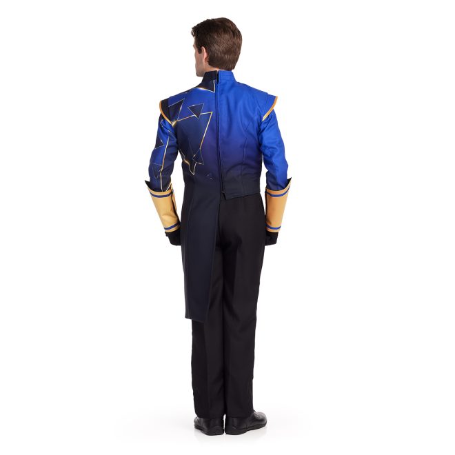 Custom marching band jacket. Royal ombre jacket with gold detailing and gauntlets. Black pants back view