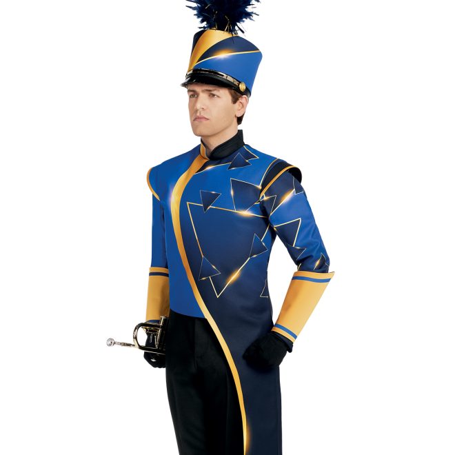 Custom marching band jacket. Half royal and half royal ombre with gold triangles jacket with gold detailing. Black pants front three-quarters view