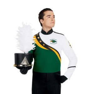 Custom half hunter green half white marching band jacket with black and yellow separating colors with black pants front view holding black shako