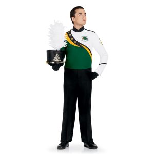 Custom half hunter green half white marching band jacket with black and yellow separating colors with black pants front view holding black shako