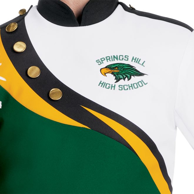 Custom half hunter green half white marching band jacket with black and yellow separating colors with black pants front view