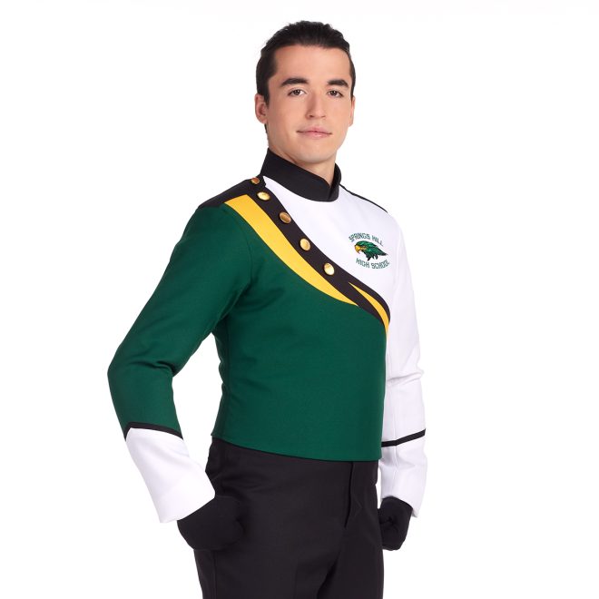 Custom half hunter green half white marching band jacket with black and yellow separating colors with black pants front view