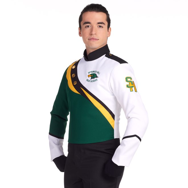 Custom half hunter green half white marching band jacket with black and yellow separating colors with black pants front view